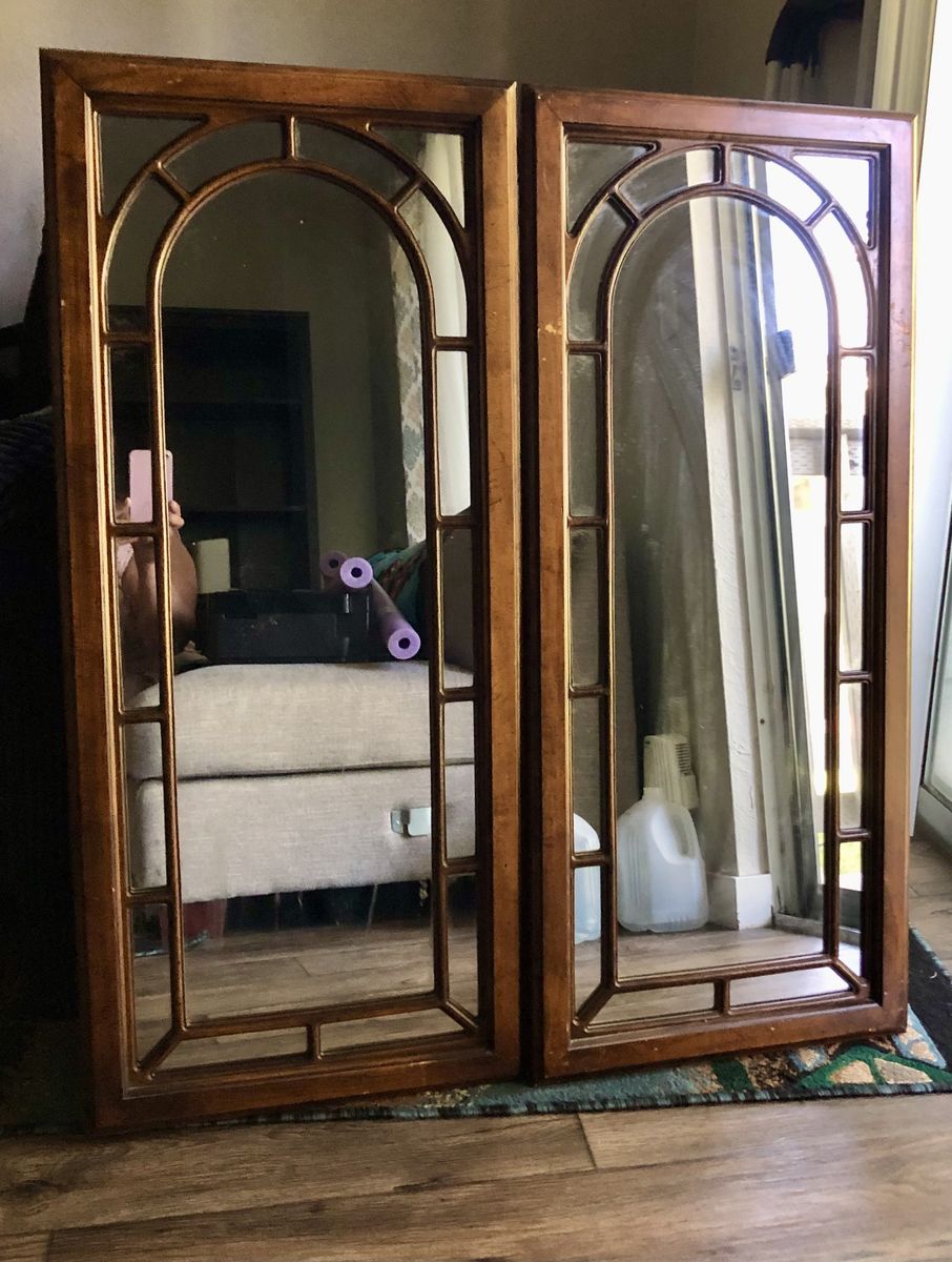 Pair of Vintage Wood Frame Arched Top Wall Mirrors - Decorative Accent Mirrors