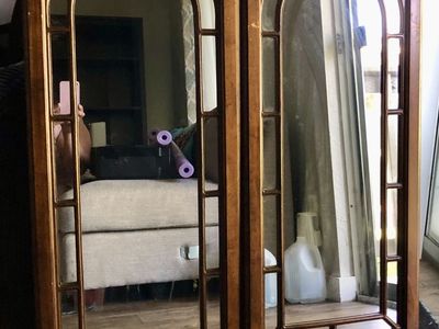 Pair of Vintage Wood Frame Arched Top Wall Mirrors - Decorative Accent Mirrors