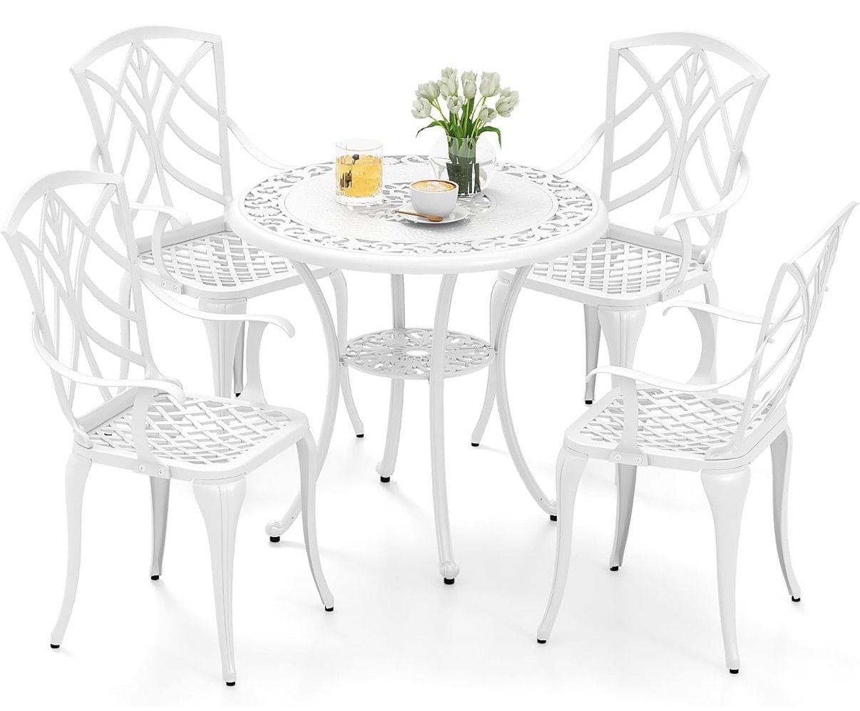 White Outdoor Patio Dining Set – Table + 4 Chairs