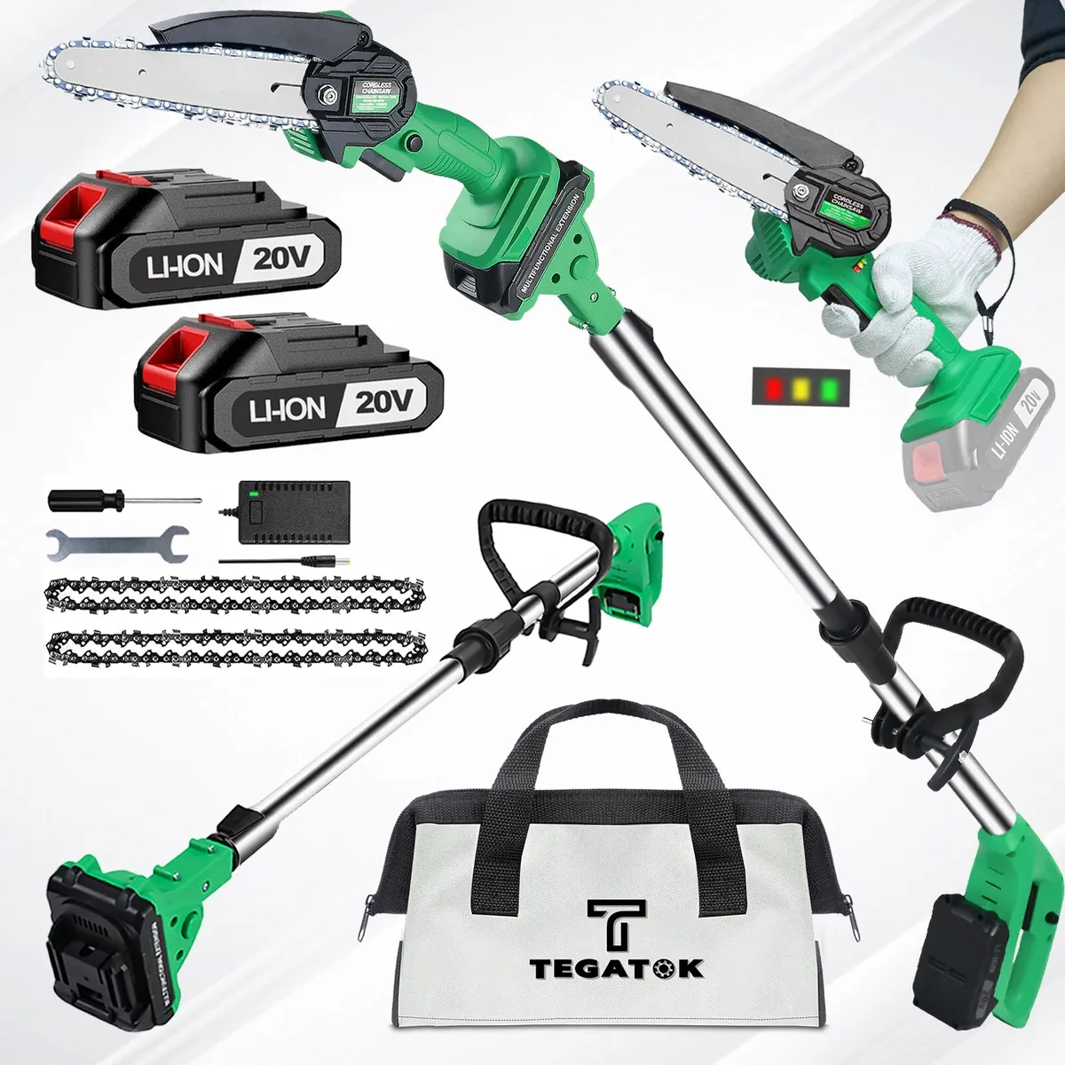 Cordless 6" Pole Saw Mini Chainsaw 2-in-1 Tree Trimming Extension Rod