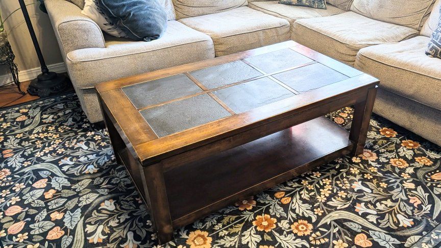 Wooden Coffee Table with Slate Tile Top and Storage Shelf, Brown Finish