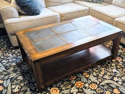 Wooden Coffee Table with Slate Tile Top and Storage Shelf, Brown Finish