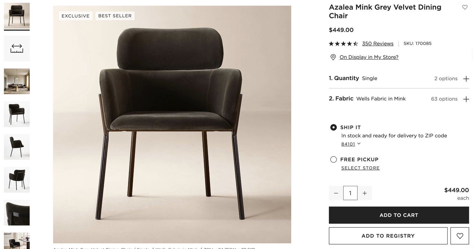 6 Azalea Mink Grey Velvet Dining Chair - Modern Curved Back Upholstered Accent