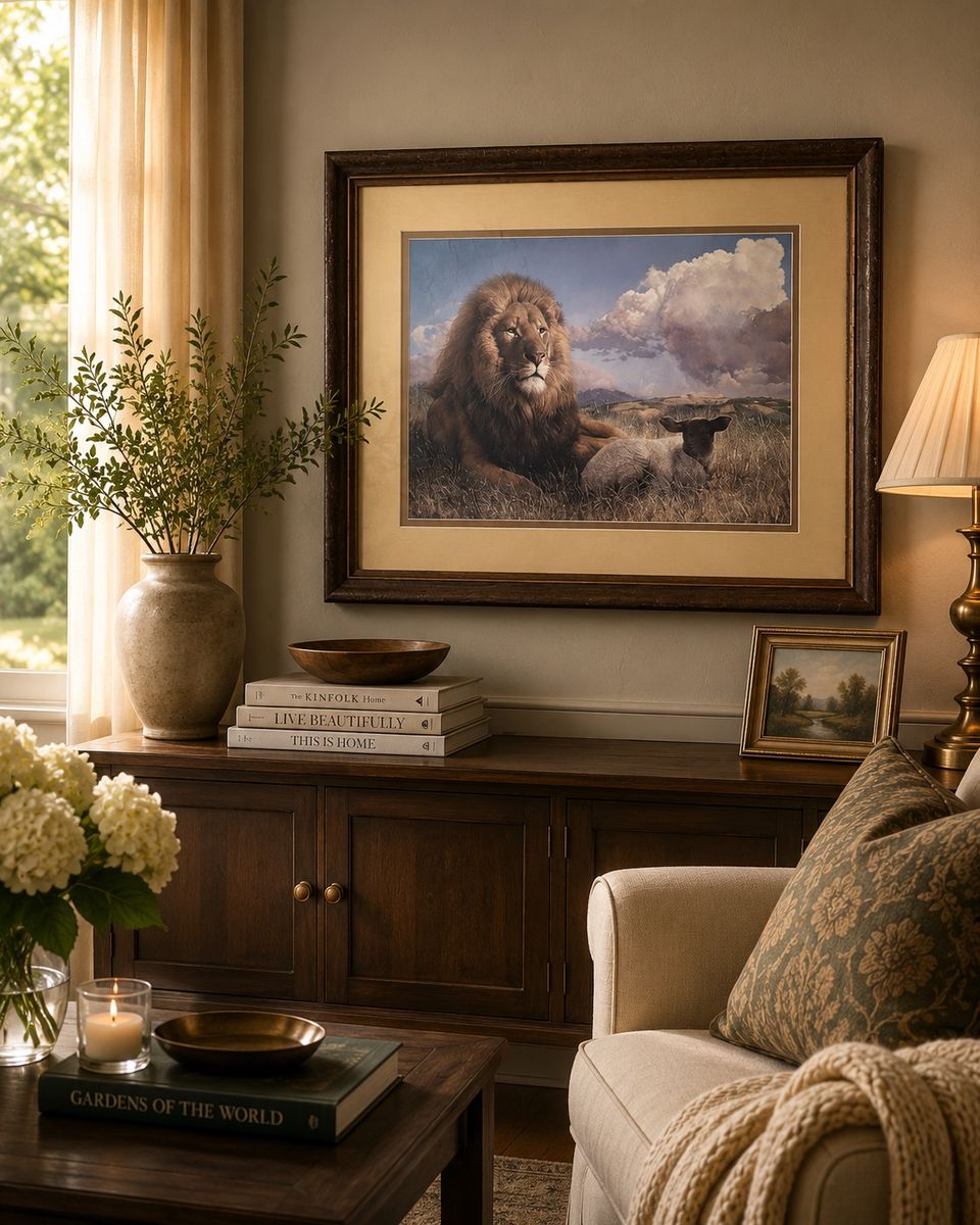 Vintage Framed Lion and Lamb Print Wall Art Decor