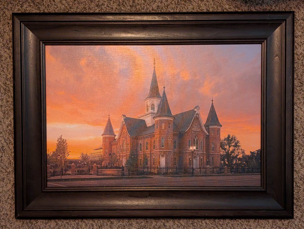 Framed Provo City Center Temple Art Print, Sunset Landscape, appx. 23x31 inch, Wood Frame