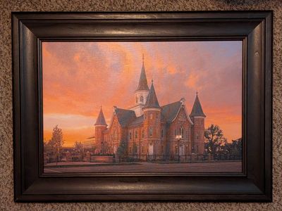 Framed Provo City Center Temple Art Print, Sunset Landscape, appx. 23x31 inch, Wood Frame