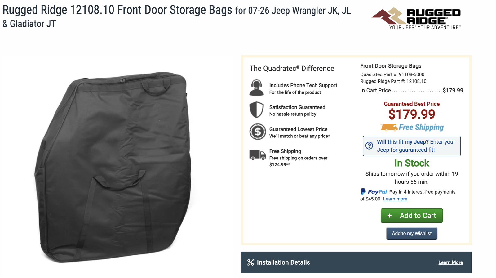 Jeep Wrangler 2 Door Storage Bag