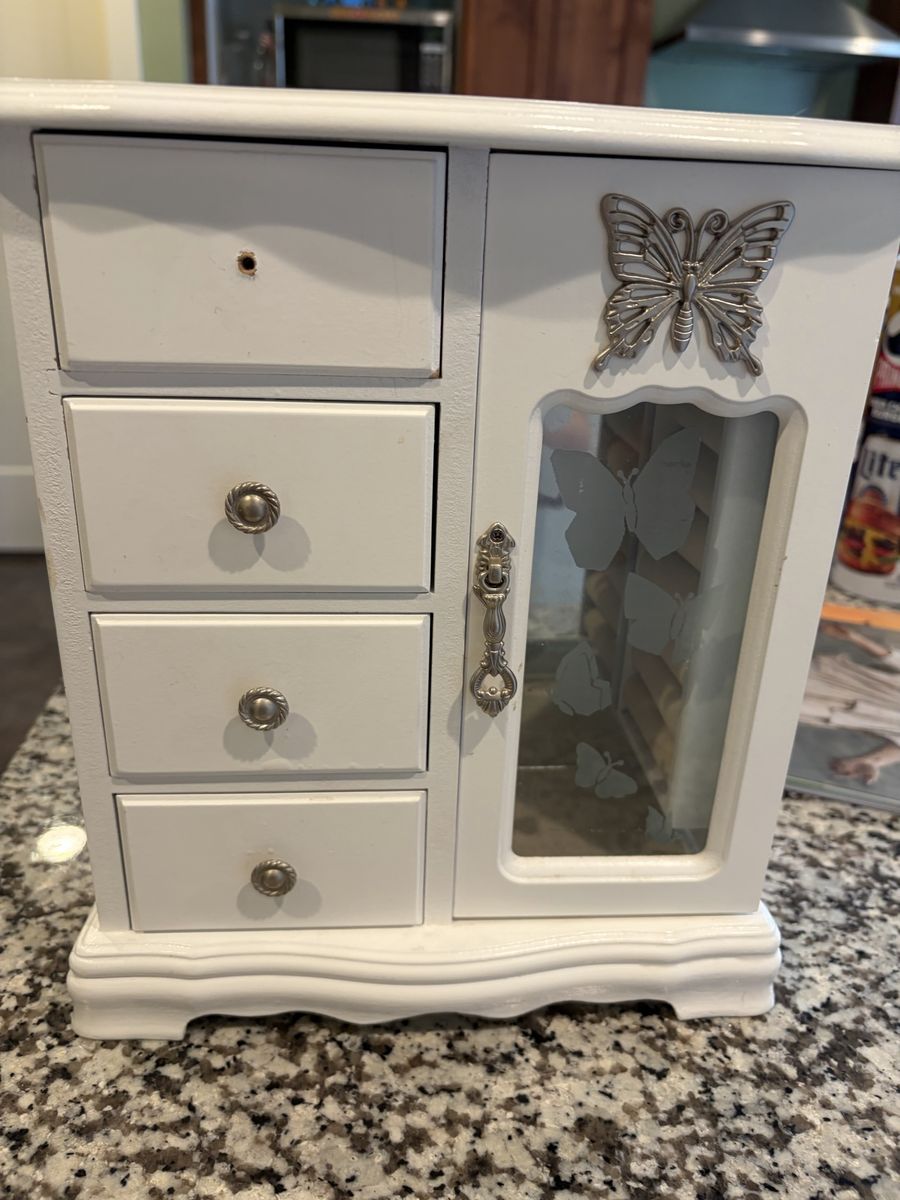 White Wooden Jewelry Box with Butterfly Details and Multiple Drawers