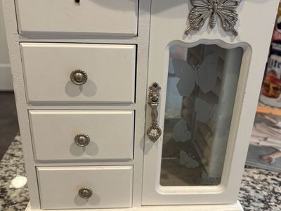 White Wooden Jewelry Box with Butterfly Details and Multiple Drawers