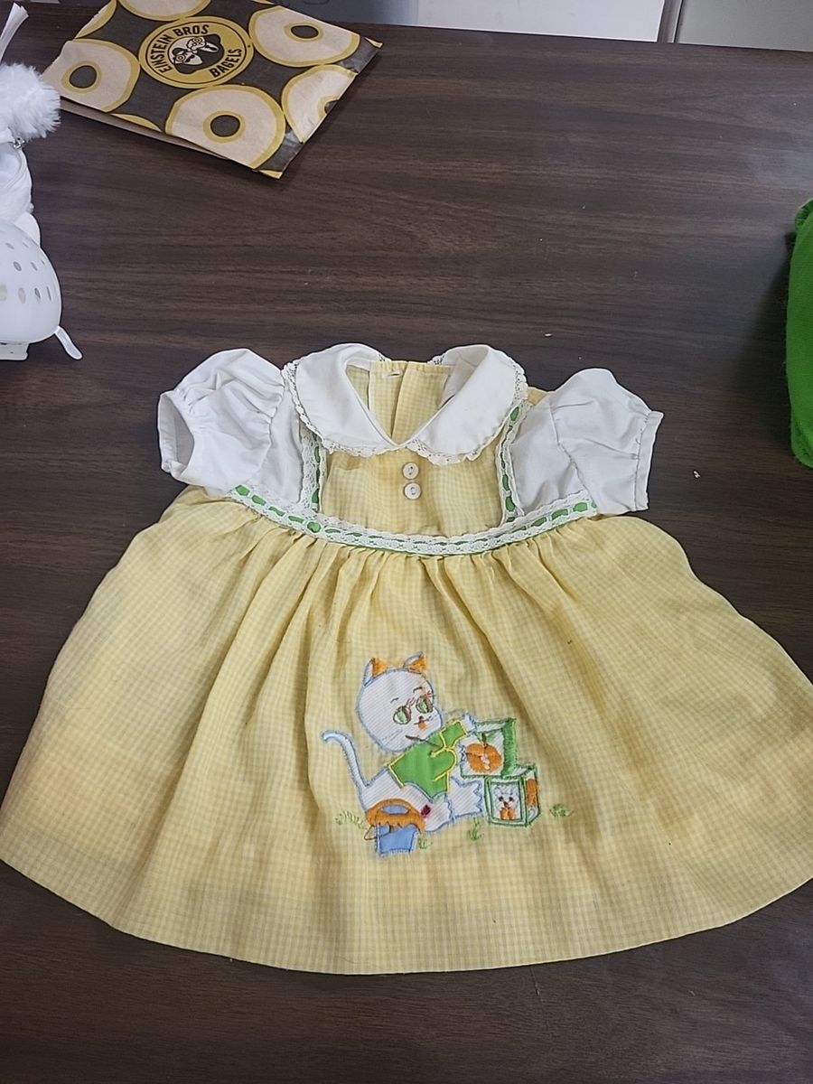 Vintage Baby Gingham Dress Yellow & White Lace Trim Puffy Sleeves