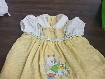 Vintage Baby Gingham Dress Yellow & White Lace Trim Puffy Sleeves