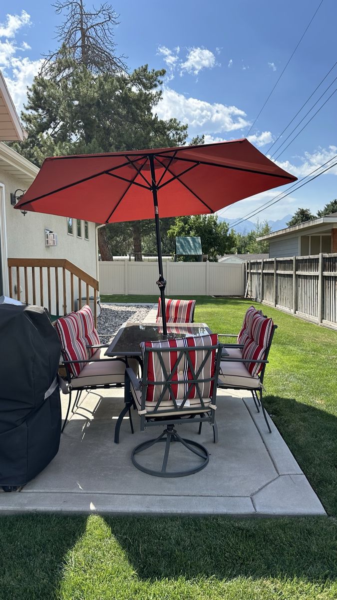 Patio Table, 4 Chairs 2 Swivel Chairs, Umbrella, & Cushions Set - Red & Grey Outdoor Furniture