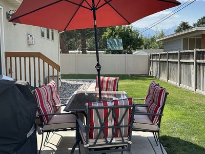 Patio Table, 4 Chairs 2 Swivel Chairs, Umbrella, & Cushions Set - Red & Grey Outdoor Furniture