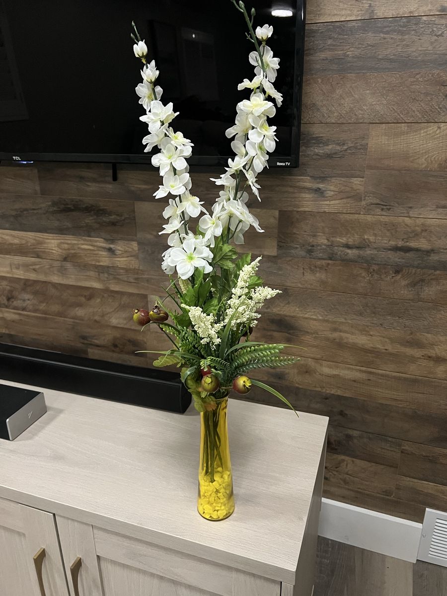 Decorative Artificial Floral Arrangement in Yellow Glass Vase