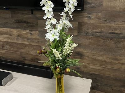 Decorative Artificial Floral Arrangement in Yellow Glass Vase