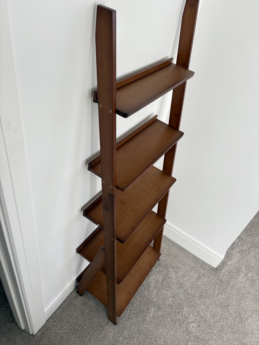 Dark Wood Ladder Bookshelf - 5-Tier Leaning Storage Display Shelf