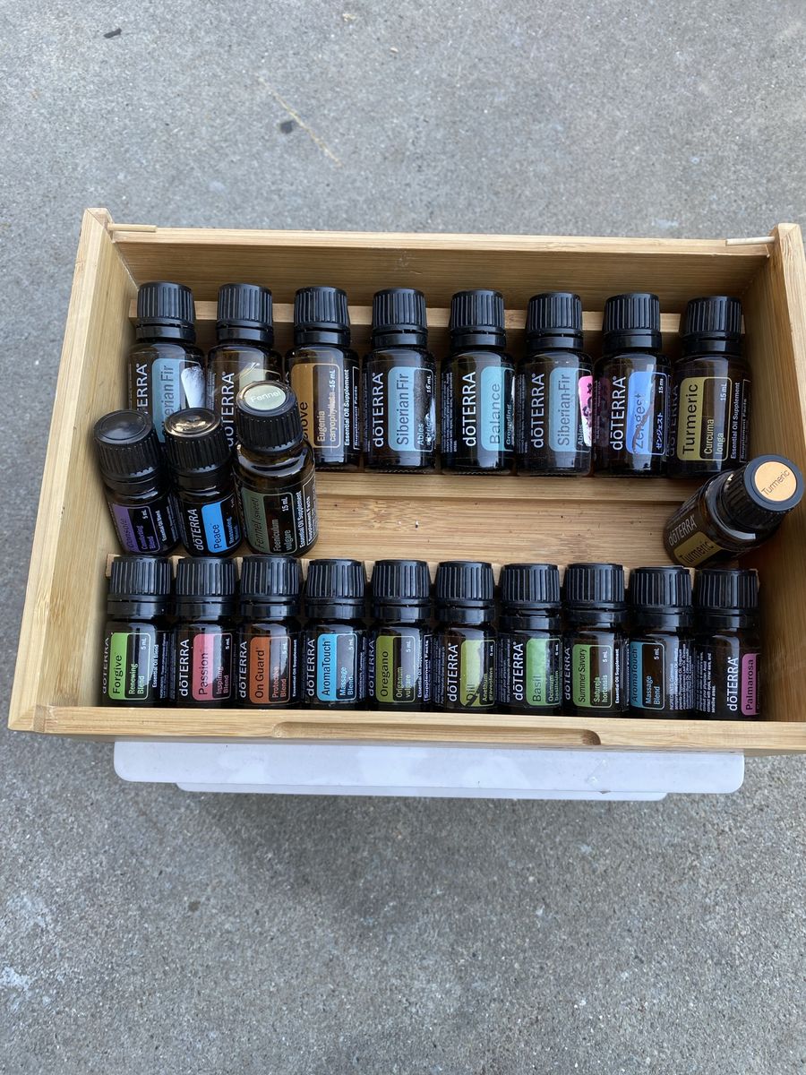 Large Lot of doTERRA Essential Oils - 20+ Bottles, Many Unopened, w/ Bamboo Storage Box