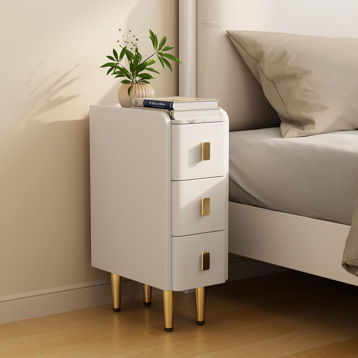 Narrow Leather Nightstand/Table with Drawers,  (White)