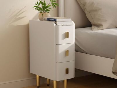 Narrow Leather Nightstand/Table with Drawers, (White)