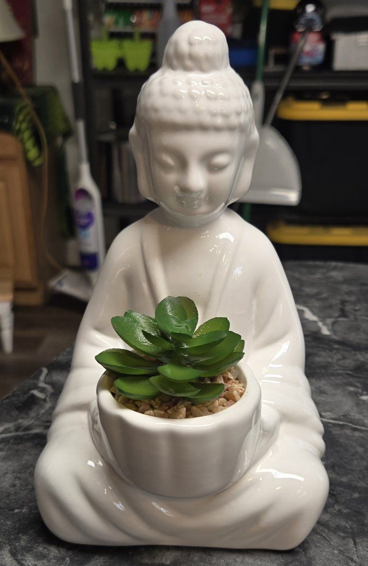 Mainstays Buddha Planter Statue White Ceramic w/ Faux Succulent Home Decor