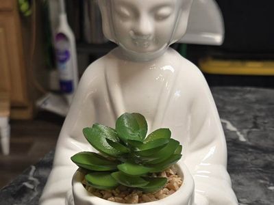 Mainstays Buddha Planter Statue White Ceramic w/ Faux Succulent Home Decor
