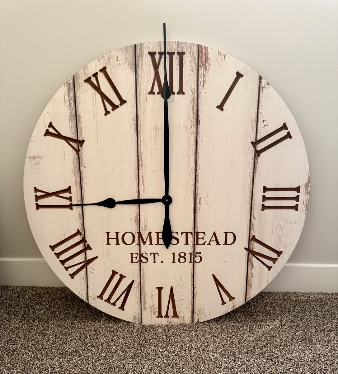 Large Round Homestead Est. 1815 Farmhouse Wall Clock - Rustic White Wood Finish, Roman Numerals