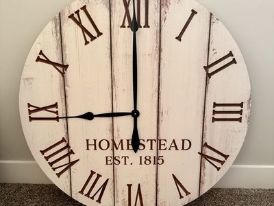 Large Round Homestead Est. 1815 Farmhouse Wall Clock - Rustic White Wood Finish, Roman Numerals
