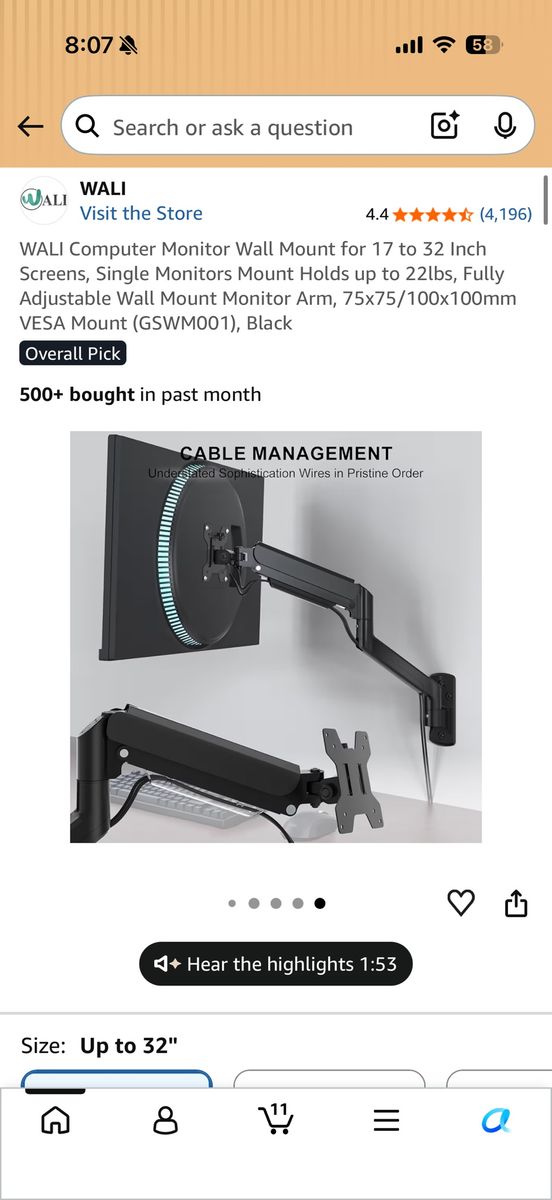 WALI Single Monitor Wall Mount for 17-32" Screens x 2