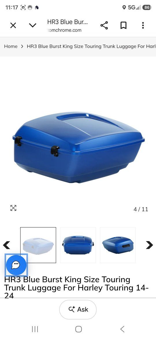 HR3 Blue King Size Touring Trunk Luggage for Harley Touring 2014-2024 (FLHT/I, FLHR/I, FLHX/I)