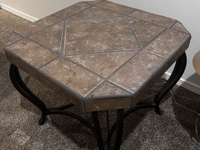 Two Octagon Tile Top End Table - Brown Stone & Black Wrought Iron Style Base