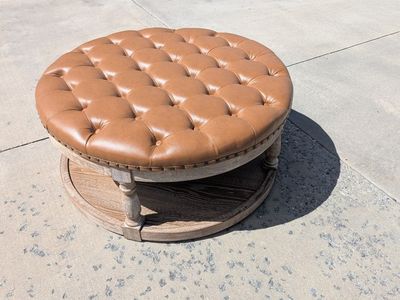 Round Tufted Cognac Ottoman with Lower Shelf – New