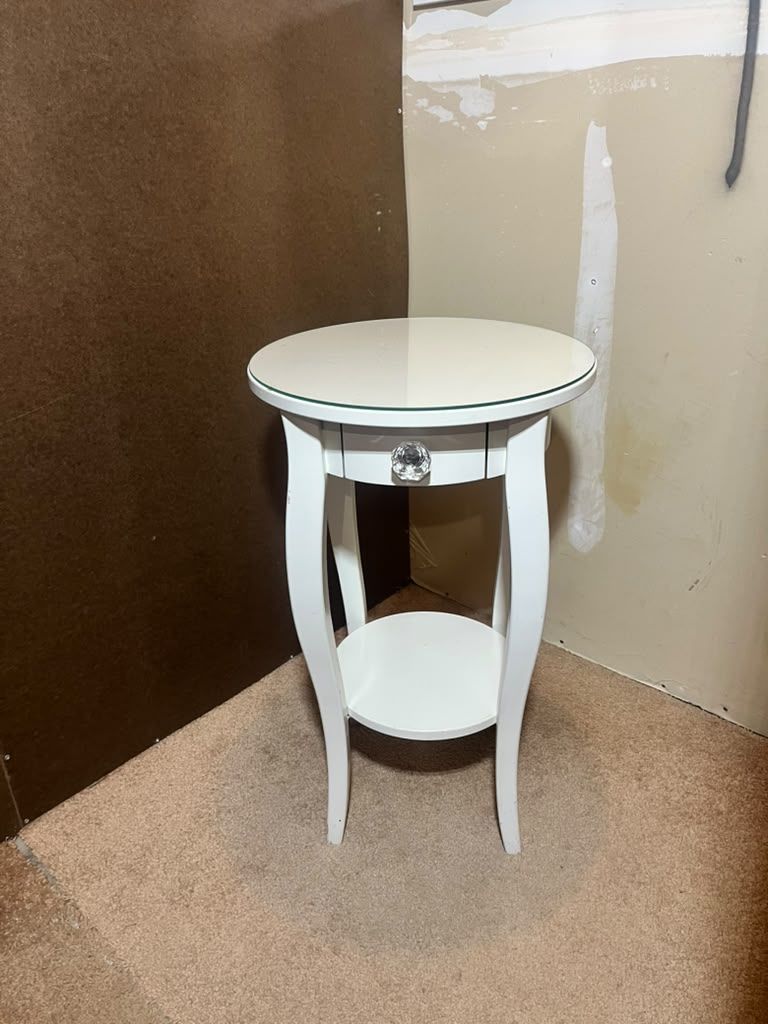 White End / Corner Table with Glass, 1 Draw & Shelf