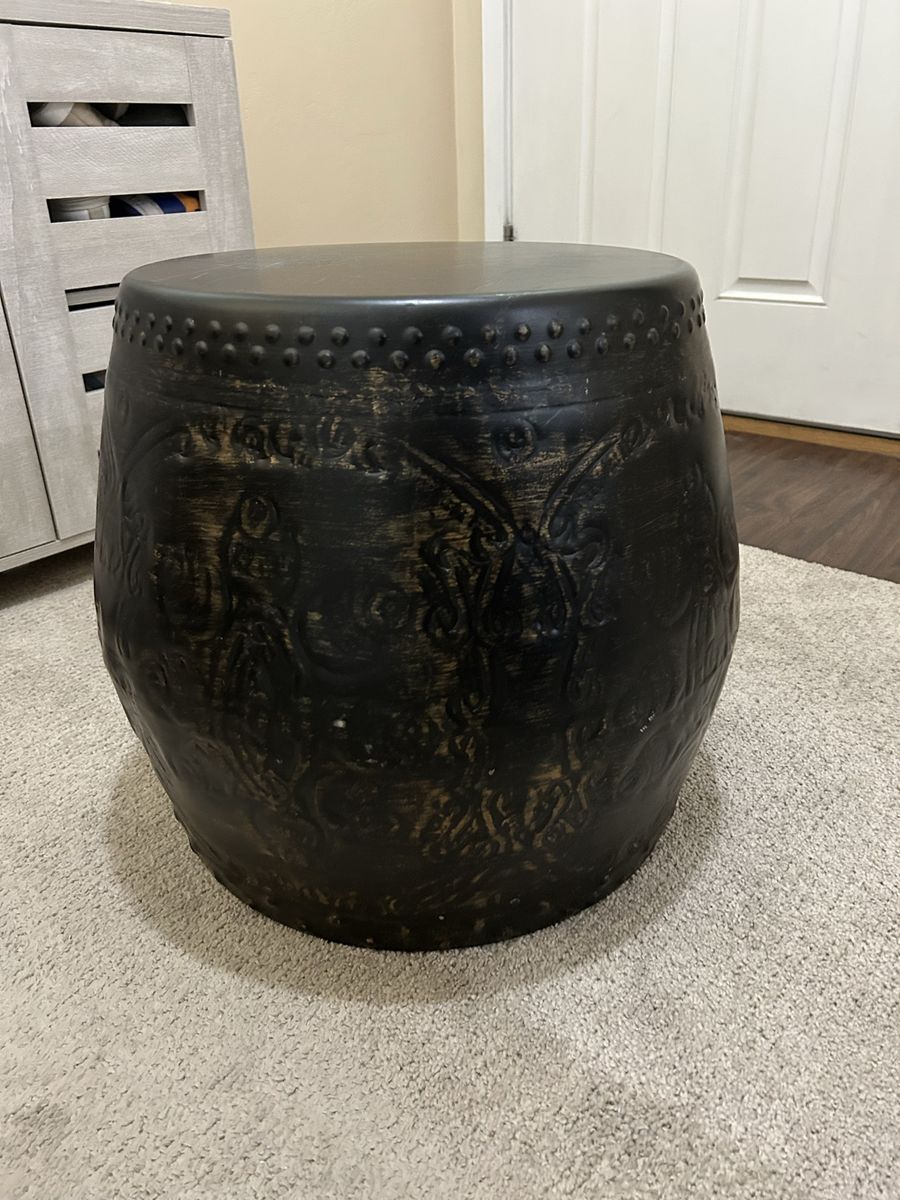 Pier One Black & Gold Embossed Drum Side Table / Garden Stool - 18" Tall