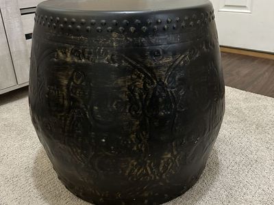 Pier One Black & Gold Embossed Drum Side Table / Garden Stool - 18" Tall