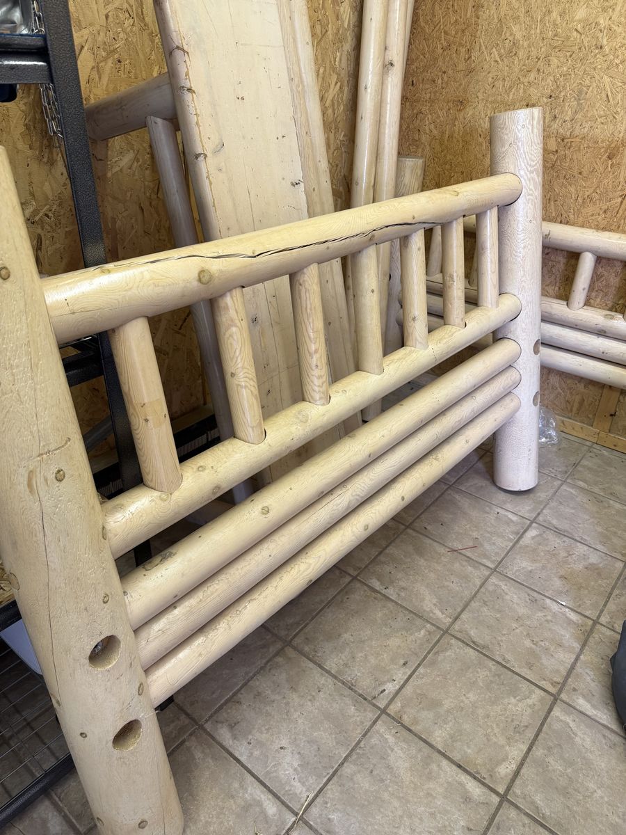 Queen Log bed, (2) nightstands, and bed bench