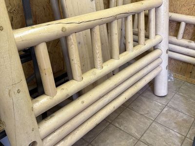 Queen Log bed, (2) nightstands, and bed bench
