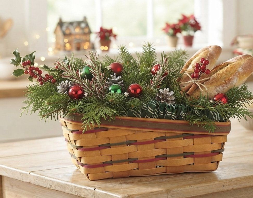 *Signed* LONGABERGER Vegetable/Baguette Seasonal Basket with Ruffled Green Fabric Liner & Plastic Protector [1997]