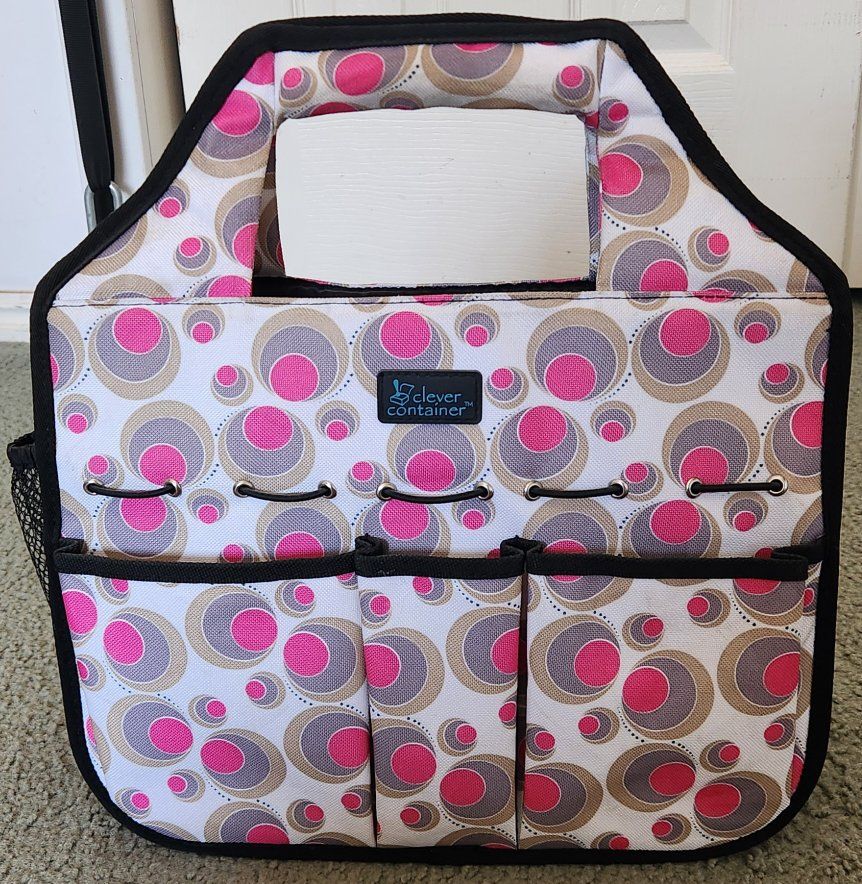 Clever Container Organized Caddy Utility Tote Bag Circle Pattern Pink Grey