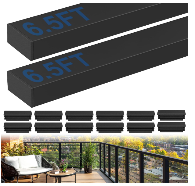 2Pack 6'6'' Rectangular Cable Railing Handrails, Black Stainless Steel Handrail with Nylon End Caps for Stair Cable Railing Sys