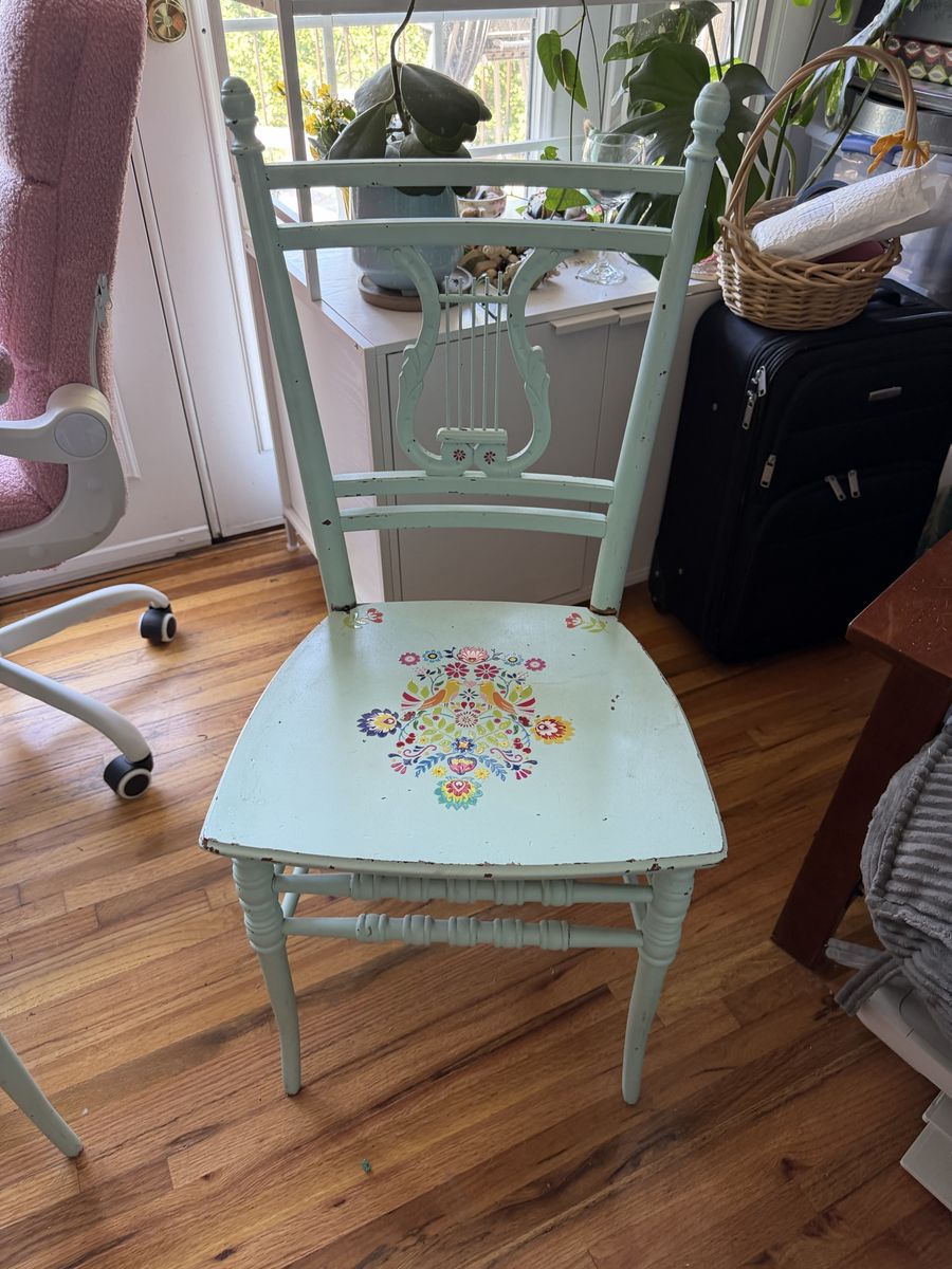 3 Vintage Hand-Painted Lyre Back Accent Chairs - Light Blue Floral Set