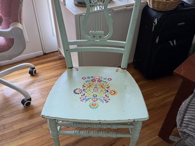 3 Vintage Hand-Painted Lyre Back Accent Chairs - Light Blue Floral Set
