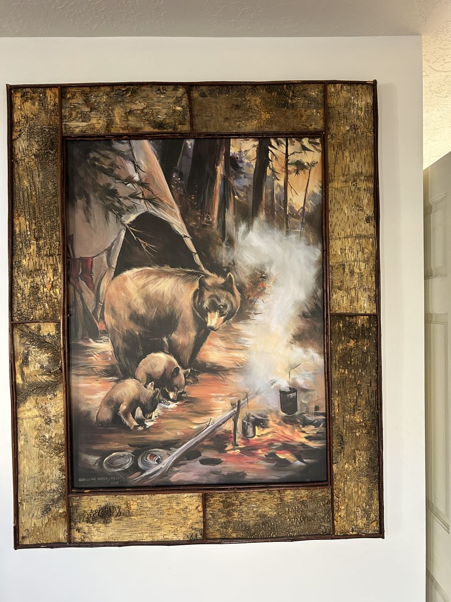 "Summer Cookout" Bear art in Birch bark frame