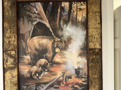 "Summer Cookout" Bear art in Birch bark frame