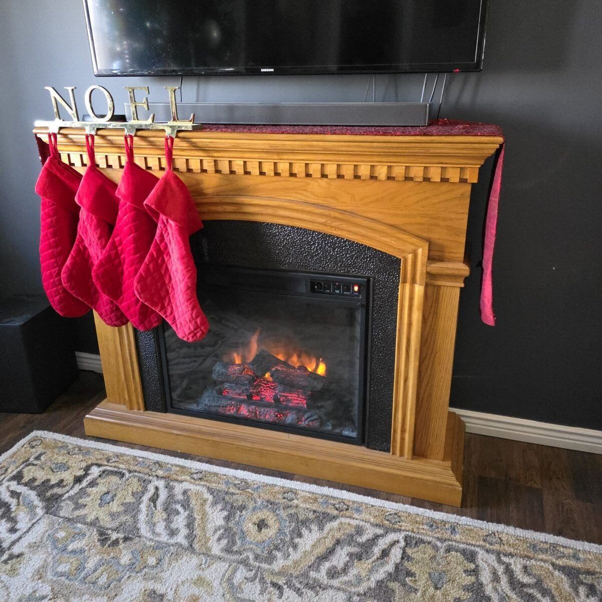 Large oak electric fireplace with blower