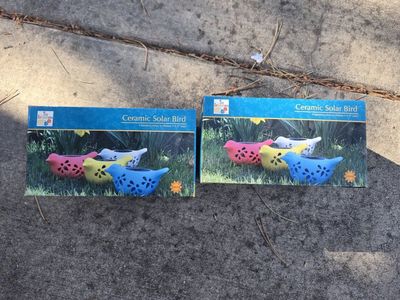 In Bloom Ceramic Solar Bird Garden Decor - Set of 2 Assorted Colors, 8.3" Wide, New