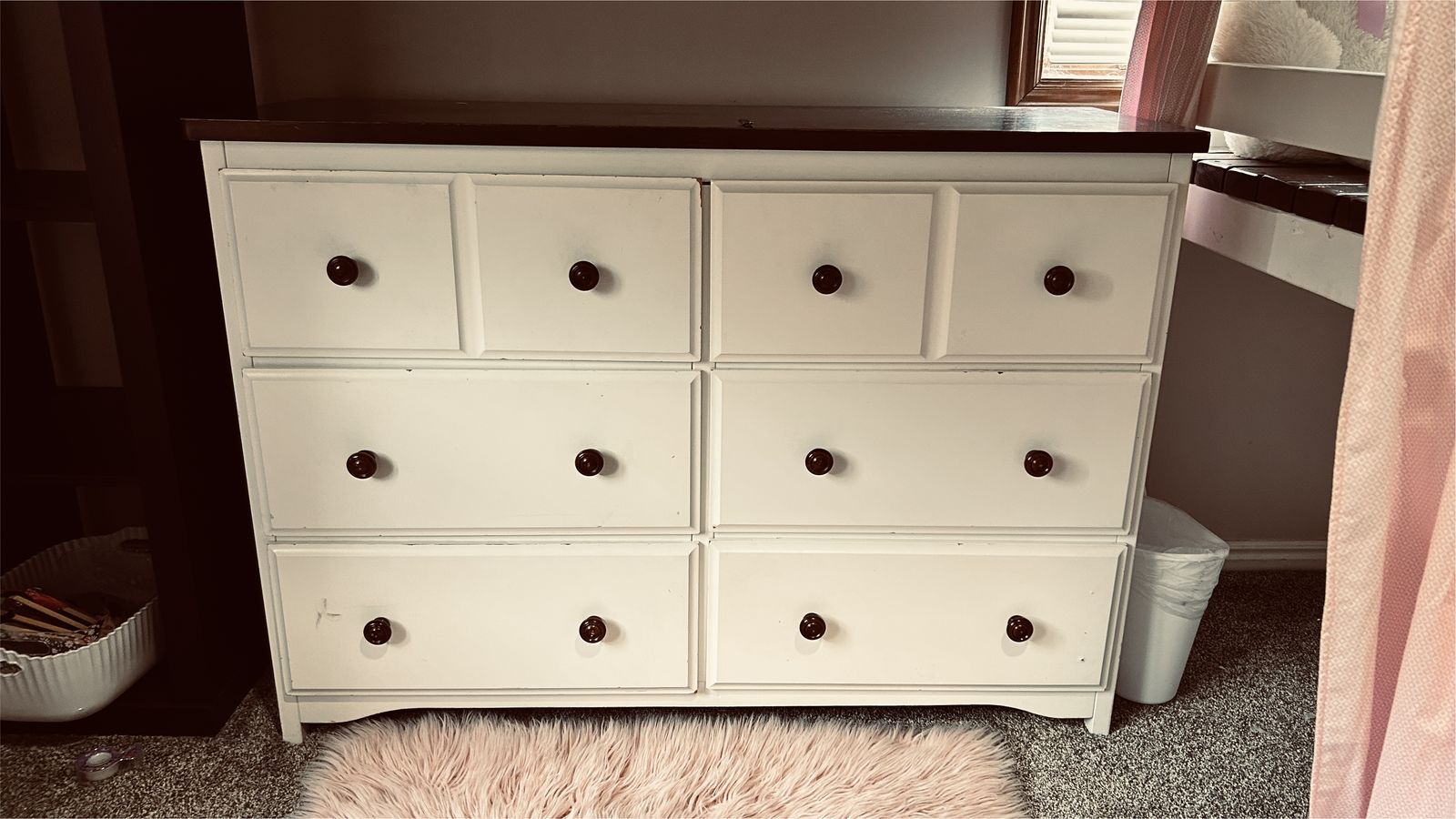 Solid Wood 6-Drawer Dresser – White with Dark Wood Top