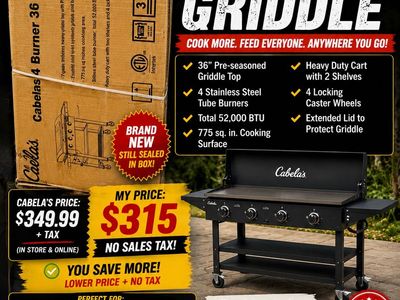 BRAND NEW – CABELA’S 36” 4-BURNER GRIDDLE