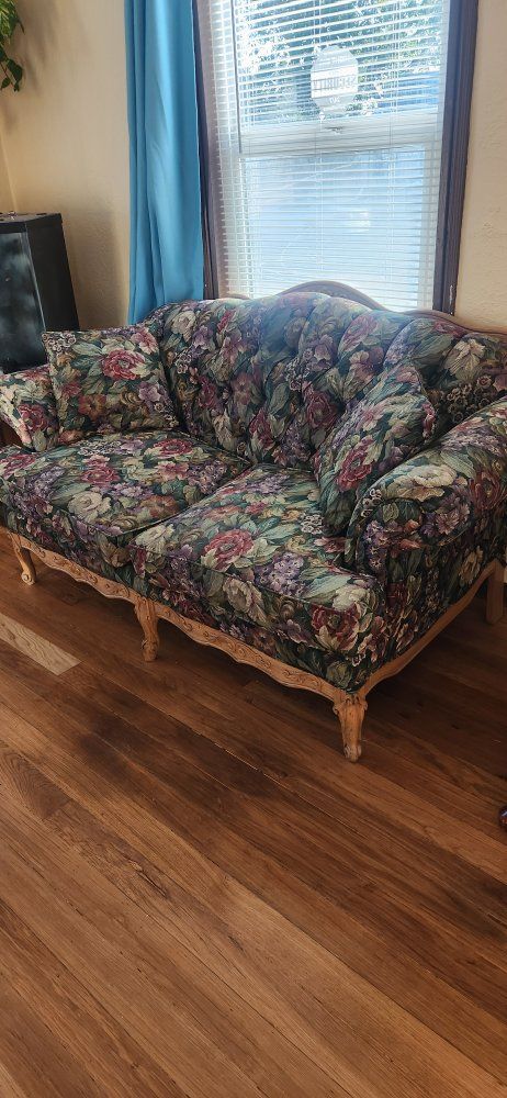 Vintage Floral Tapestry Sofa and Armchair Set with Wooden Trim