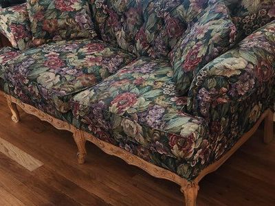 Vintage Floral Tapestry Sofa and Armchair Set with Wooden Trim