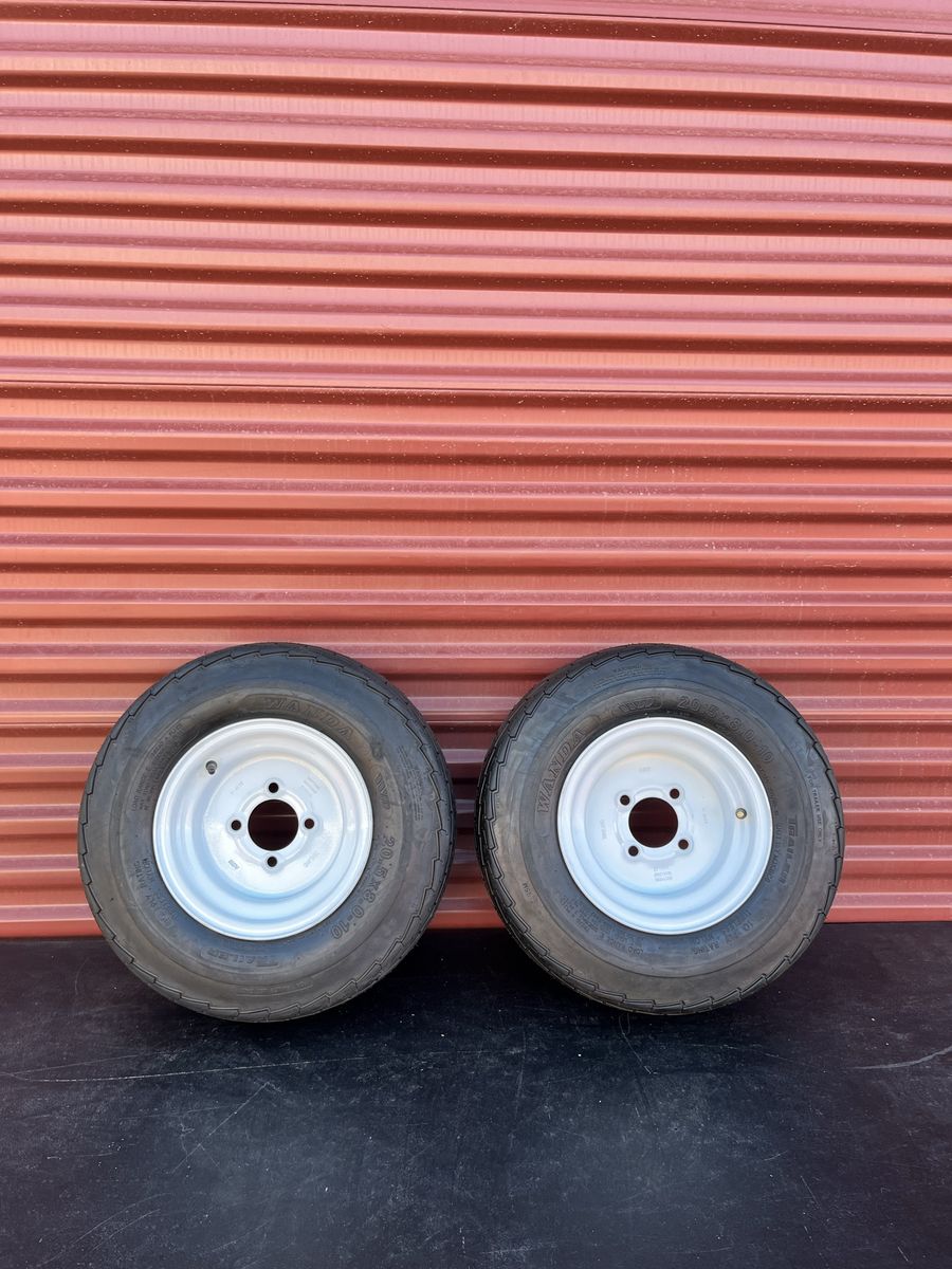 New Set of 2 Wanda 20.5X8.0-10 Pontoon/ Snowmobile Trailer Tires Mounted on New White Wheels Heavy Duty 10 Ply E Load 4on 4 lug